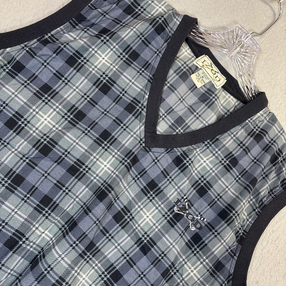 VTG Izod Golf Vest Medium Plaid V-Neck Pullover Blue Grandpa Core‎ Country Club